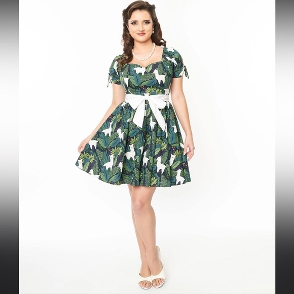 Unique Vintage Dresses & Skirts - Unique Vintage 1950s Green Leaf & Llama Print Cotton Dakota Flare Dress